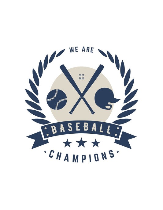 Keresztbe tett baseball ütők, egy baseball labda és egy sisak ölelkezik a "WE ARE BASEBALL CHAMPIONS" szöveg körül, mindez egy elismerő koszorúval körülvéve. 