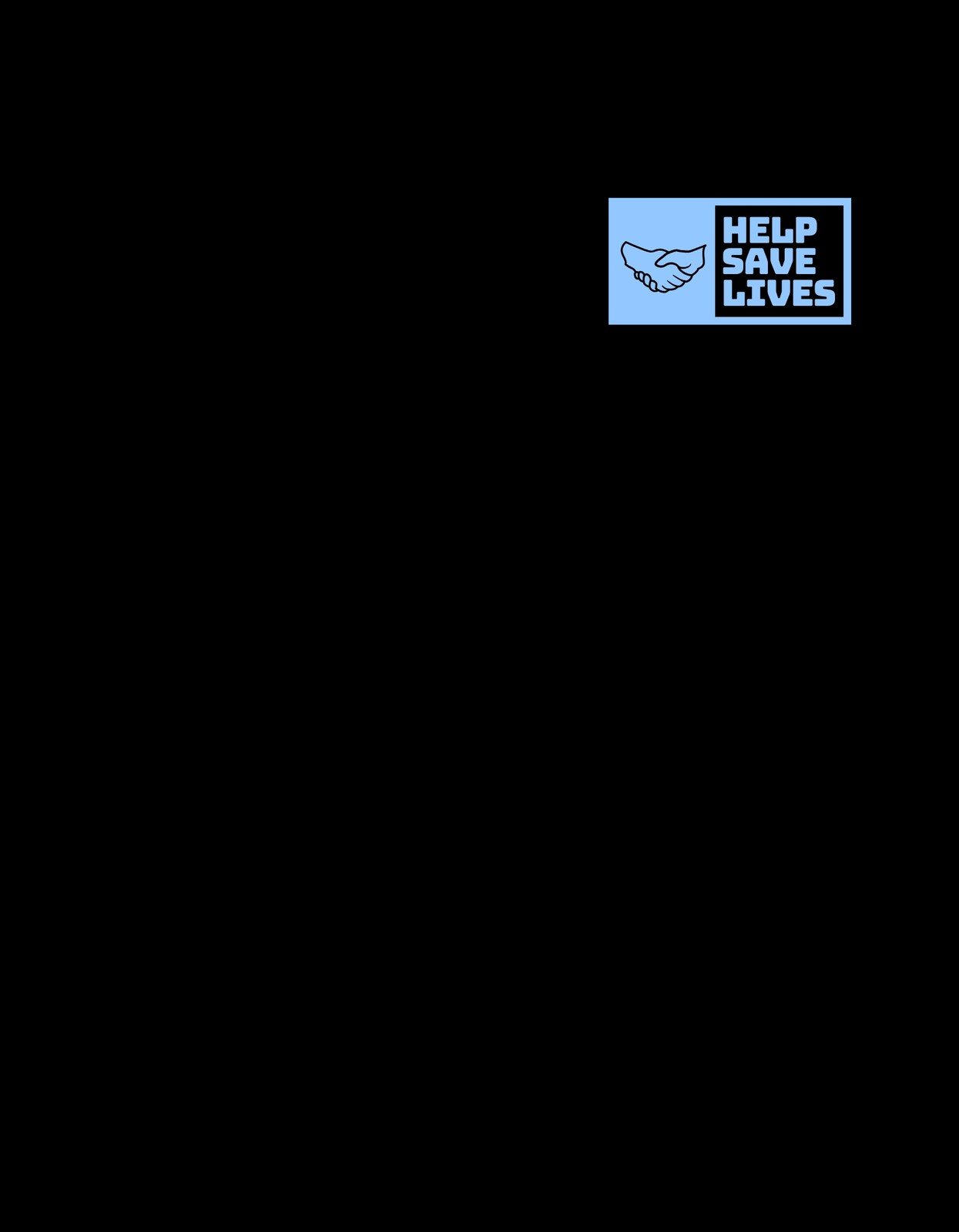 Egy kéz, amely egy madár szárnyát formálja, körülötte a "HELP SAVE LIVES" szöveg kék háttérrel. 
