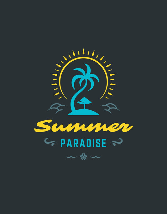 Egy trópusi hangulatú design, amely egy napfényes, pálmafás szigetet ábrázol, a "Summer Paradise" szöveggel. A képet nyári vibrálás és a kikapcsolódás érzése hatja át. 