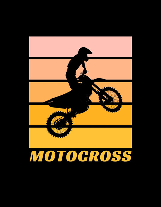 Egy motorkerékpáros sziluettje látható a naplemente színeivel díszített háttér előtt, amely a szabadságot és az adrenalint jeleníti meg. A design alján a "MOTOCROSS" felirat erős, határozott betűtípussal. 