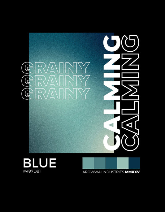 Minimális dizájn, zöldeskék árnyalatú háttérrel és "CALMING GRAINY" felirattal. Grafikai elemként egy színátmenetes téglalap, valamint a "BLUE" szó és egy színkód található az alsó részen. 