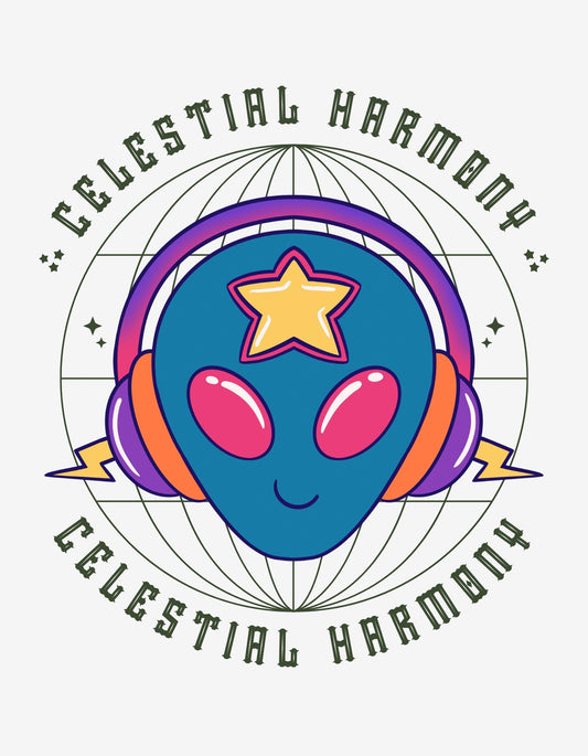 Egy mosolygó, színes űrlény fej rajzolva, fejhallgatóval és egy csillag díszítéssel, körülötte geometrikus formák és a "Celestial Harmony" felirat keretbe foglalva. 