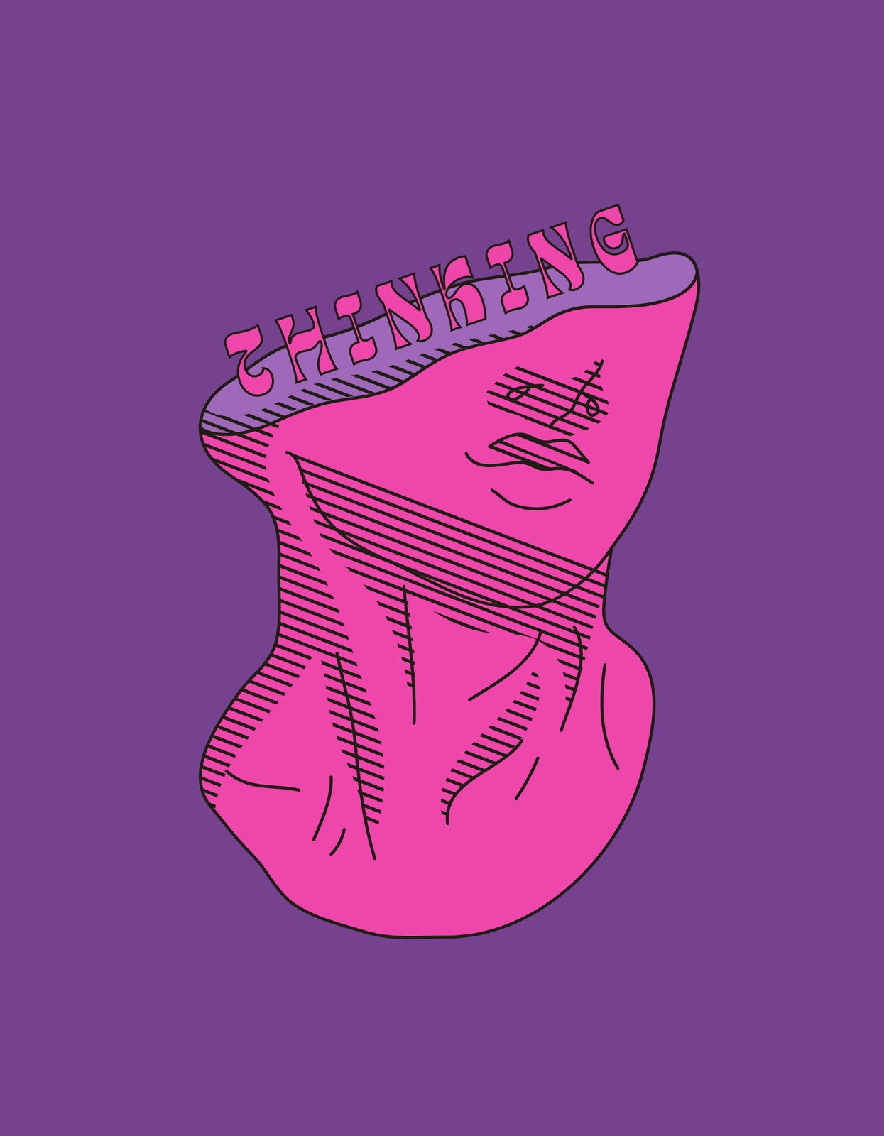 Egy minimalista, színes absztrakt arcot ábrázoló grafika, amelyen a "THINKING" szöveg látható. A kép a kreatív gondolkodást és originalitást sugallja. 