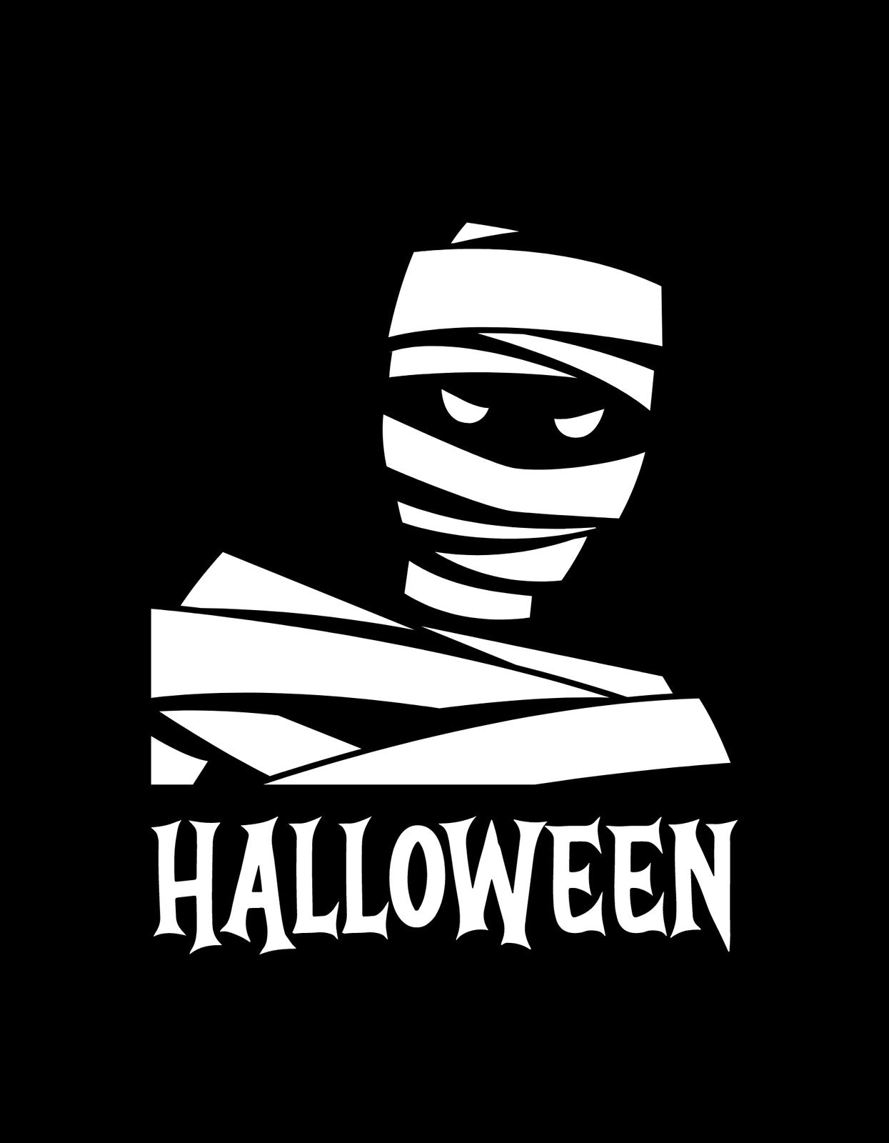 Fekete alapon egy stilizált, mosolygó múmiafej látható, kísérteties tekintettel, alatta a "HALLOWEEN" felirat díszeleg. 