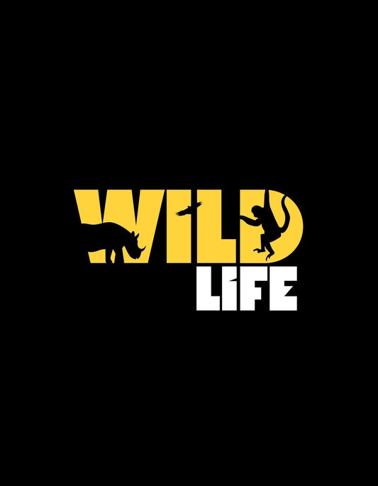 Fekete háttérrel, erőteljes sárga szöveggel "WILD LIFE" felirat, amelybe állatok sziluettjei vannak belefoglalva. 