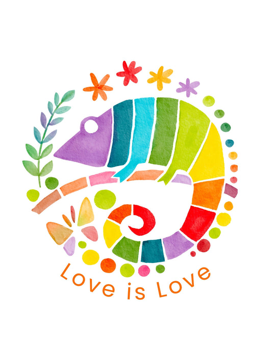 Színes szivárvány karma körvonalban, melyet virágok és levelek egészítenek ki, alul a "Love is Love" felirattal. 