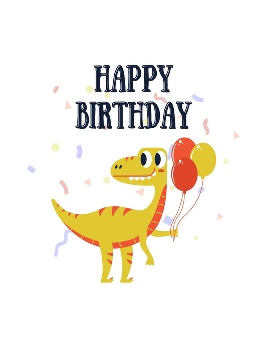 Egy mosolygós dinoszaurusz lufikkal a mancsában és konfettikkel az ünneplő szöveg "Happy Birthday" felett. 