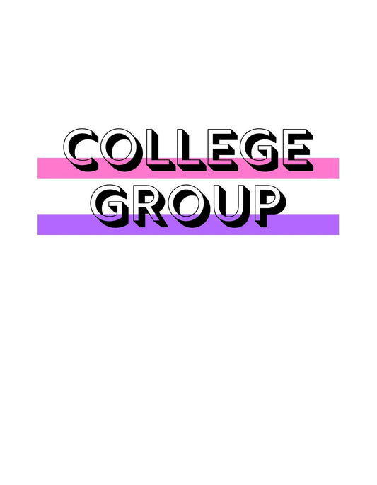 Egy letisztult dizájnnal rendelkező kép, melyen a "COLLEGE GROUP" szöveg látható, rózsaszín és lila színátmenetekkel kiemelve. 