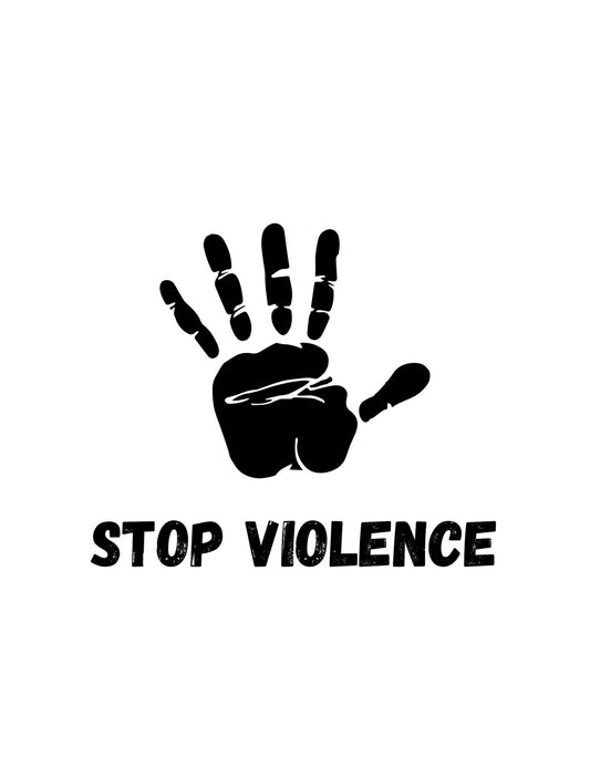 Egy nyomtatott kézlenyomat látható, áthúzott kés képével és a "STOP VIOLENCE" felirat alatta, ami az erőszak elleni állásfoglalást fejezi ki. 
