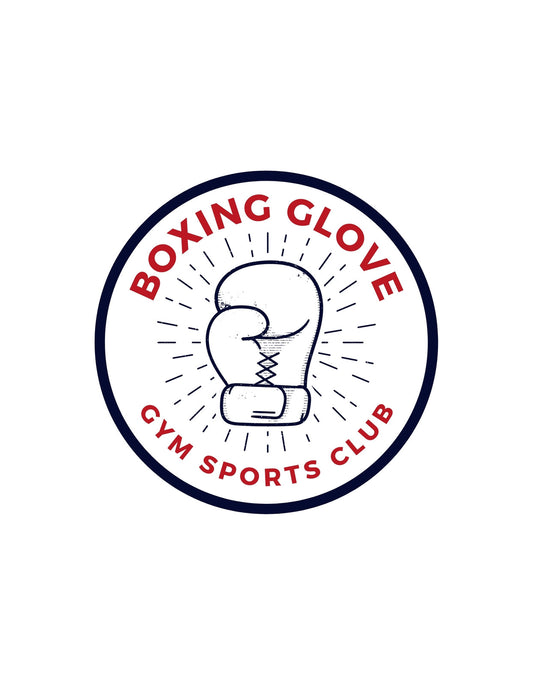 Egy klasszikus ökölvívó kesztyű látható ebben a lendületes tervezésben, melyet a "BOXING GLOVE GYM SPORTS CLUB" felirat vesz körül, sugárzó vonalakkal hangsúlyozva az energiát és az erőt. 