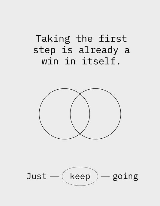 Egy motiváló üzenetet ábrázoló kép, mely két egymást átfedő körrel és "Taking the first step is already a win in itself. Just — keep — going" szöveggel ad erőt és inspirációt. 