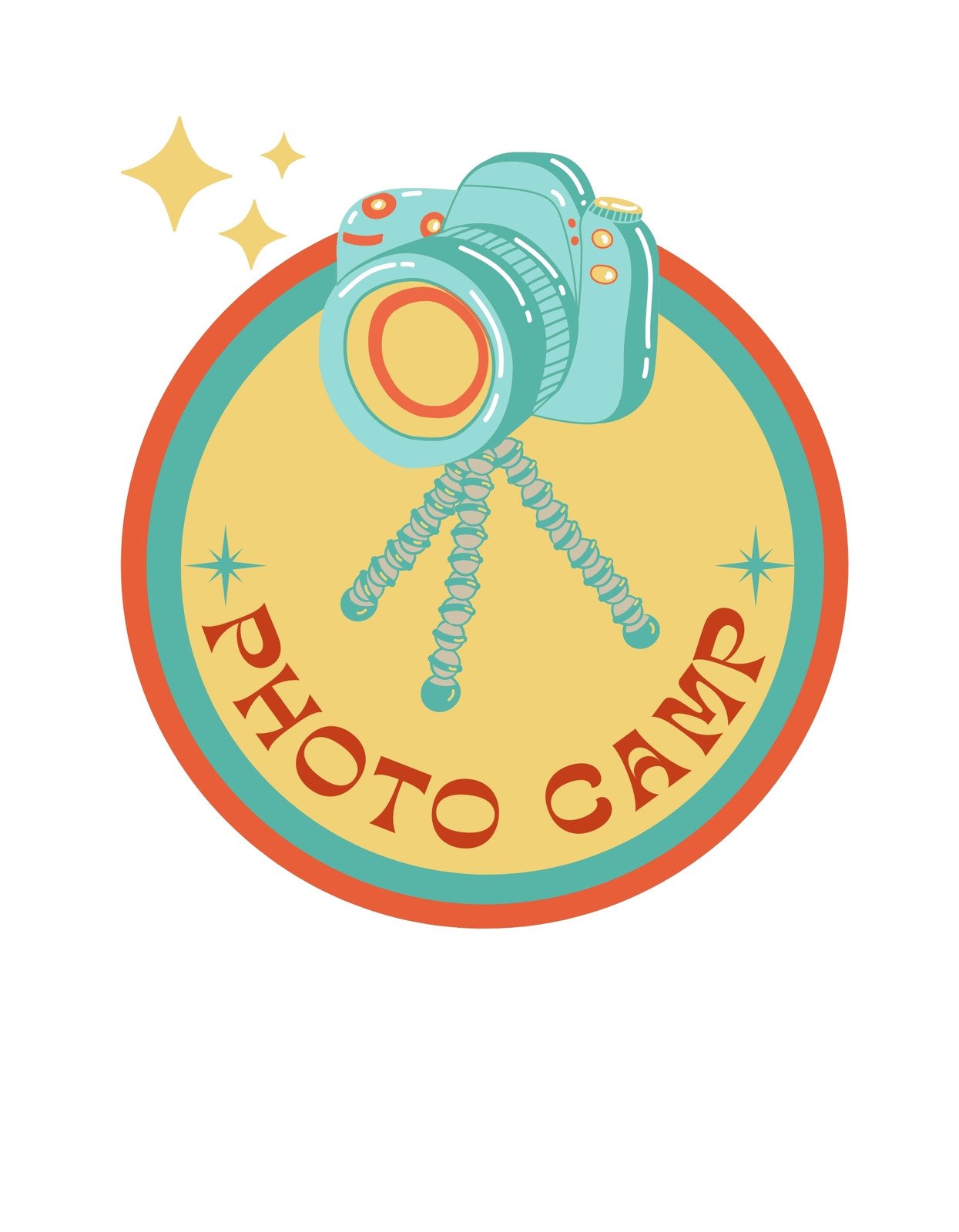 Egy élénk színű, hangulatos fényképezőgép ábrázolása egy okkersárga körben, az "PHOTO CAMP" felirattal, ami a fotózás iránti szenvedélyt és a kalandokat idézi elő. 