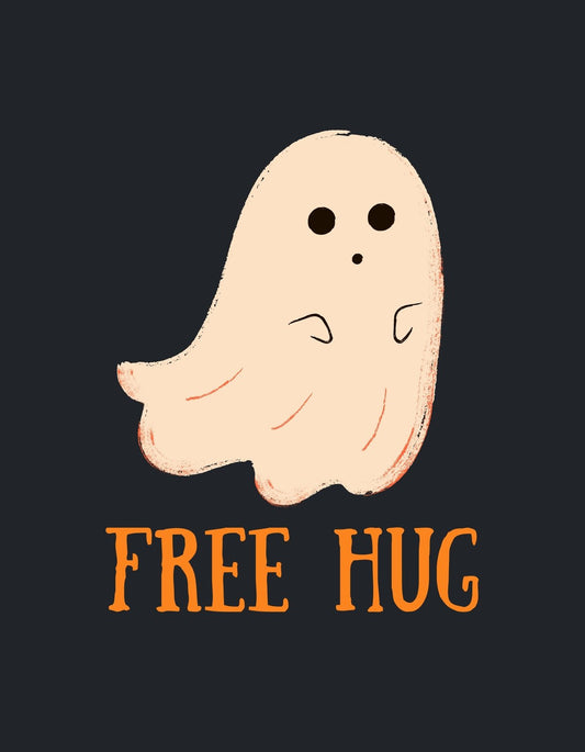 Egy aranyos szellemke ábrázolása, aki egy „FREE HUG” felirattal nyújtja a barátság és ölelés melegét. Játékos és cuki kialakítás a jókedvű napokra. 