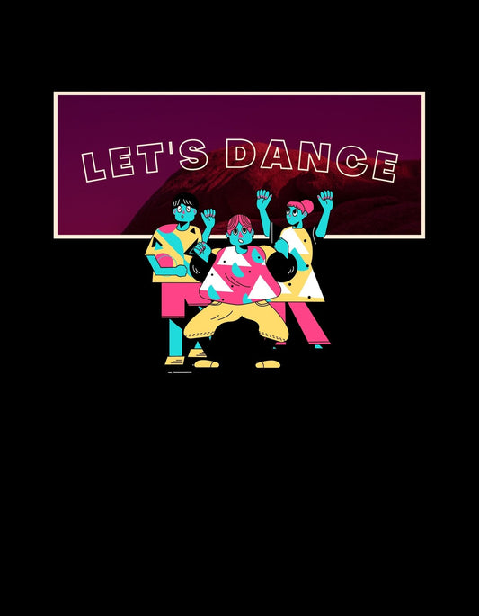 Egy energikus design, ahol négy színes figura táncol a "Let's Dance" felirat alatt egy élénk rózsaszín háttérrel, sugárzóan vidám hangulatot közvetítve. 