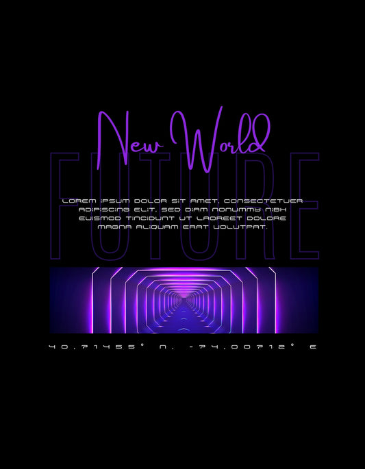 Futurisztikus neon alagút látványa, neon színátmenetekkel és koordinátákkal az alján, "New World" felirattal az előtérben. 