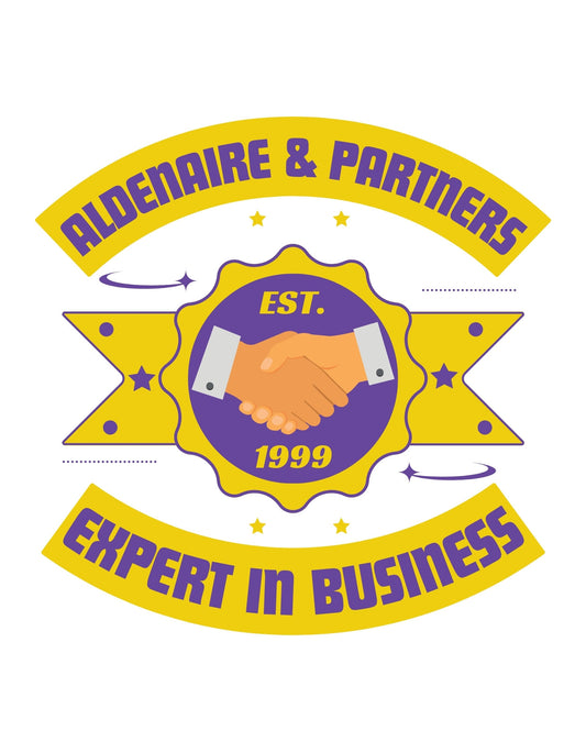 Egy kézfogás középpontban, körülötte egy díszes, csillagos embléma, mely üzleti sikerességet sugall. "Aldenaire & Partners" és "Expert in Business" feliratokkal, 1999-es alapítási dátummal