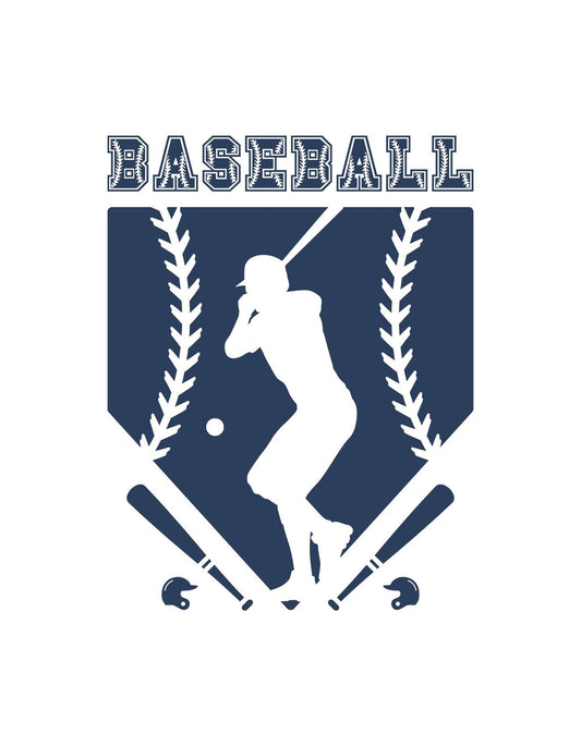 Egy dinamikus baseball játékost ábrázoló grafika, körben bázislabdák és baseballütőkkel körülvett védjegy. A hátteret díszítik a sportág jellegzetes pálcika levelei. 