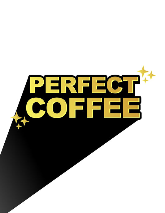 A képen egy egyszerű, mégis stílusos dizájn látható, "PERFECT COFFEE" felirattal, amit csillagok díszítenek, sugárzó a minőség és a kávé szeretet. 