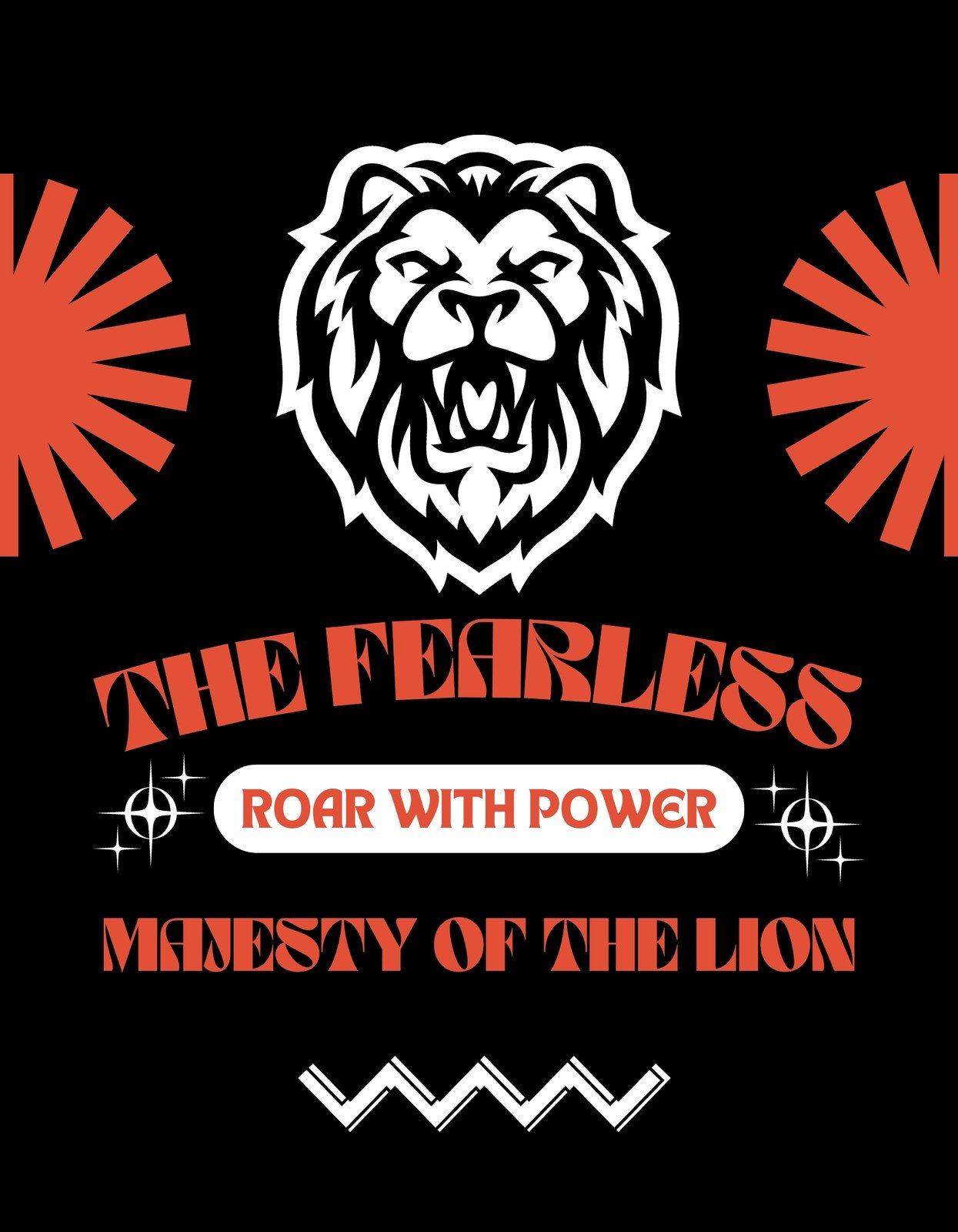 Egy fehíti oroszlánfej domborul ki a sötét hátterű képből, melyet éles grafikai elemek és feltűnő piros betűk, mint "THE FEARLESS" és "ROAR WITH POWER" szavak vesznek körül, sugárzó dinamizmust és erőt megjelenítve. 