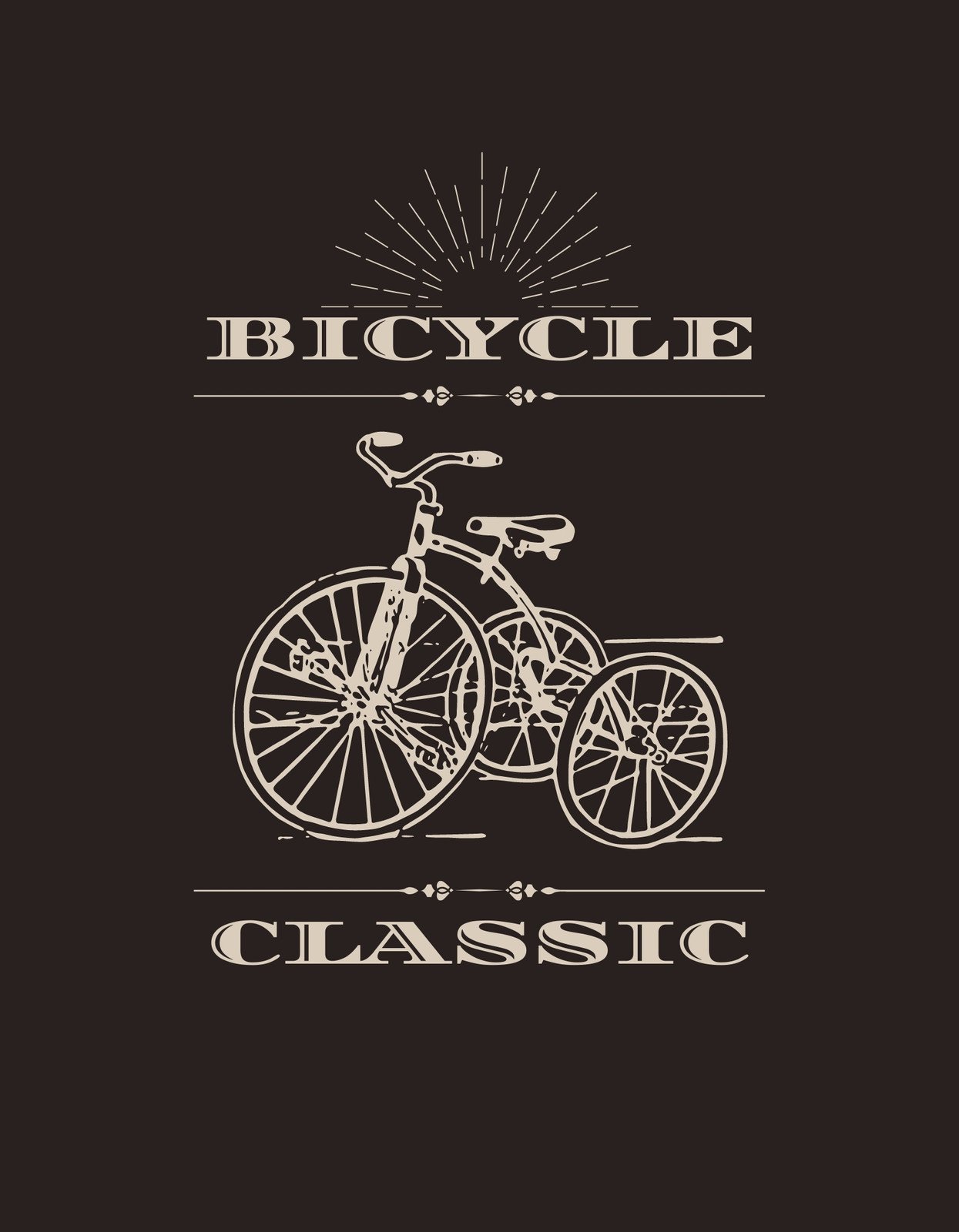 Egy klasszikus stílusú kerékpár látható az ábrán, letisztult fehér vonalakkal, hátterében egy kiemelkedő napsugár-mintával, kiegészülve a "BICYCLE" és "CLASSIC" feliratokkal, melyek az időtlen eleganciát hangsúlyozzák. 