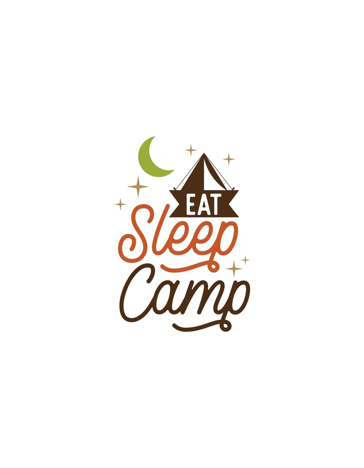 Egy stílusos dizájn, ami a szabadtéri kemping élményét idézi meg, "Eat Sleep Camp" felirattal, egy sátor képével és csillagokkal, valamint hold ikonnal. 