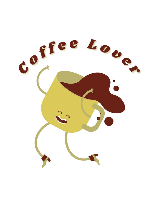 Egy mosolygó bögre látható, amelyből kávé csordogál ki, mintha táncolna, a feje fölött pedig "Coffee Lover" felirat olvasható. 