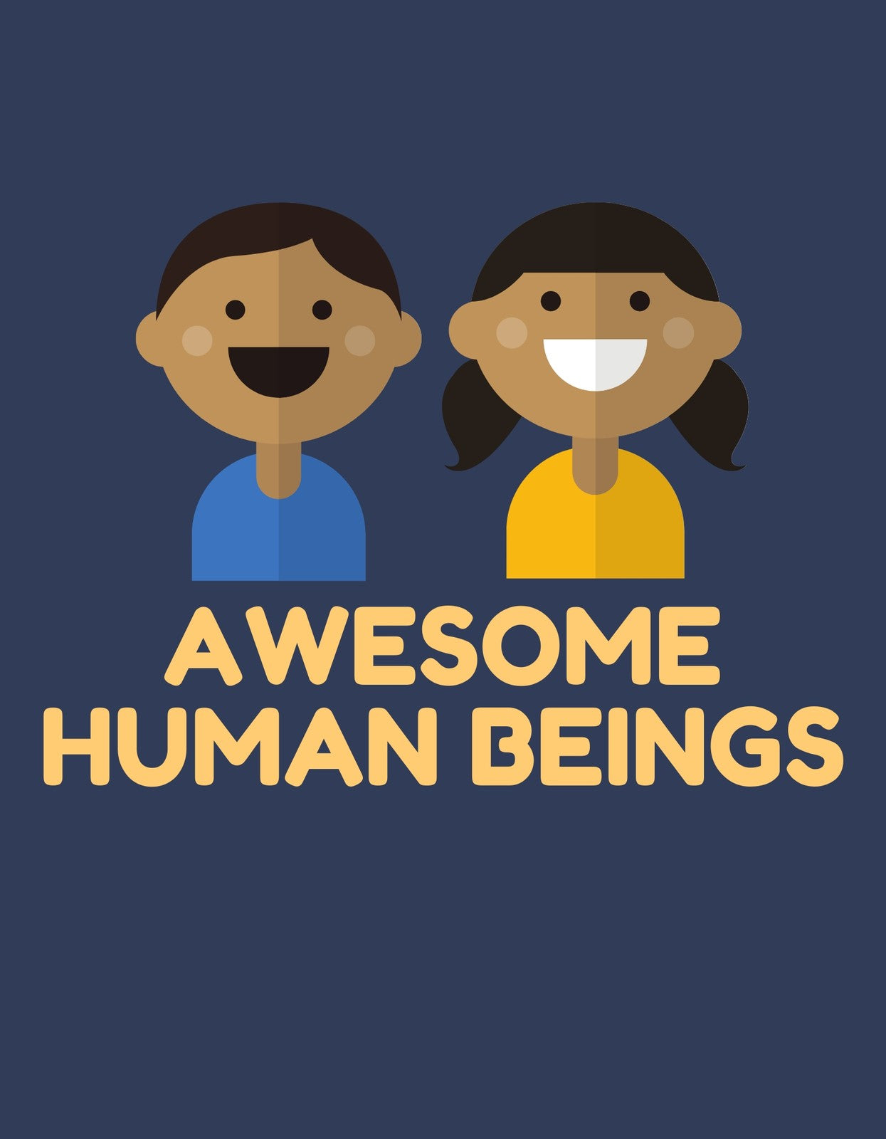 Egy mosolygó férfi és nő figura látható, egy sötétkék háttér előtt, "AWESOME HUMAN BEINGS" felirattal. 