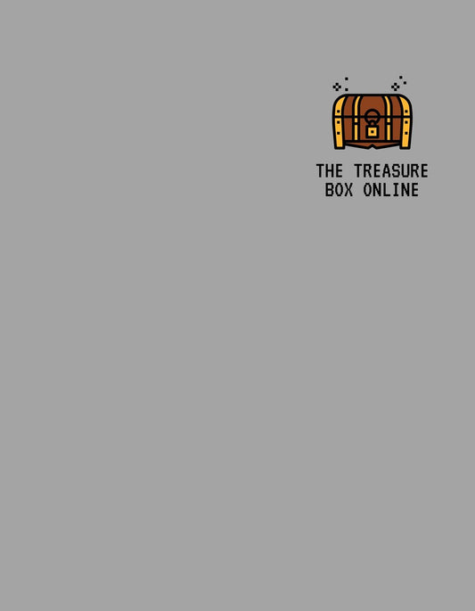 Egy aranyos, rajzfilm-stílusú kincsesláda ábrája díszeleg a képen, felette "THE TREASURE BOX ONLINE" felirattal, ami kalandos és játékos hangulatot áraszt. 