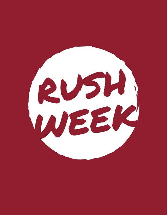 Bordó háttér előtt egy fehér kör, melyben a "RUSH WEEK" felirat látható vakmerő, dinamikus vörös betűkkel. 