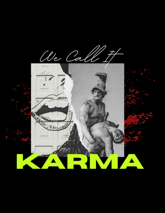 Egyedülálló kollázs dizájn, amely antik görög szobrot és modern grafikai elemeket ötvöz, kiemelve a "Karma" szót. 