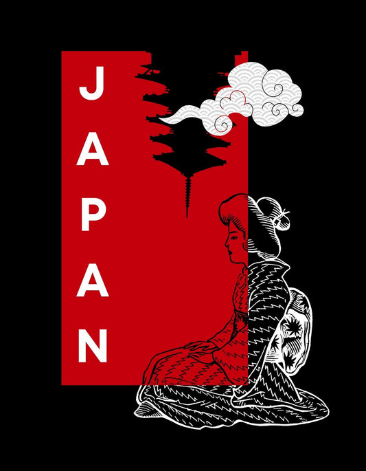A képen egy hagyományos japán geisha ül meditatív pózban, piros és fekete kontrasztos háttéren, fehér felhőkkel és a "JAPAN" felirattal. 