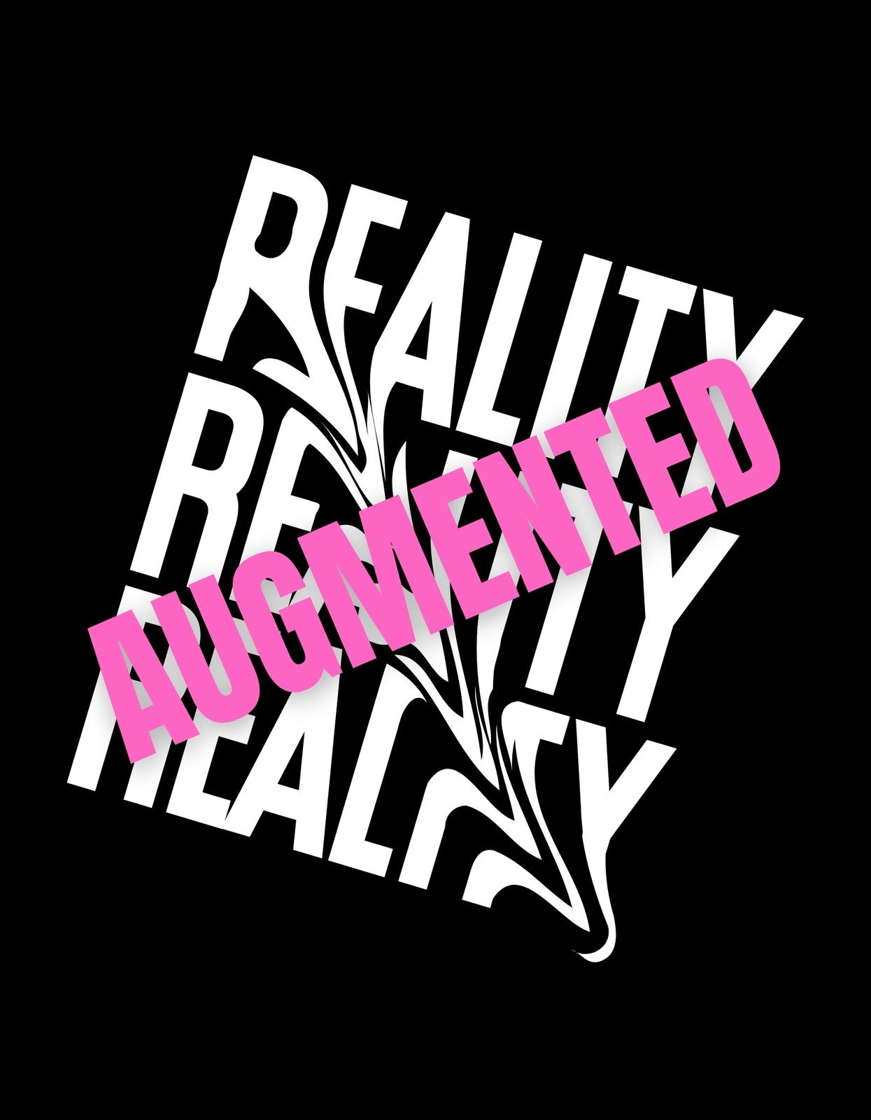 A képen egy modern, dinamikus grafikai terv látható, melyen a "REALITY AUGMENTED" szöveg merész betűtípussal került megjelenítésre fekete alapon, élénk rózsaszín betűszínnel, ami az augmentált valóságra utal. 