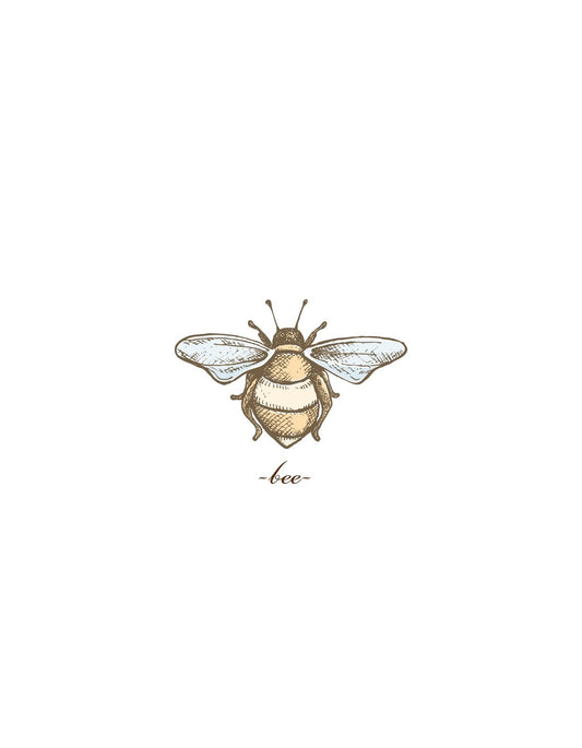 Egy finoman rajzolt méh díszeleg a kép közepén, realisztikus, mégis művészi megjelenéssel, a természet szépségét és fontosságát hangsúlyozva. 