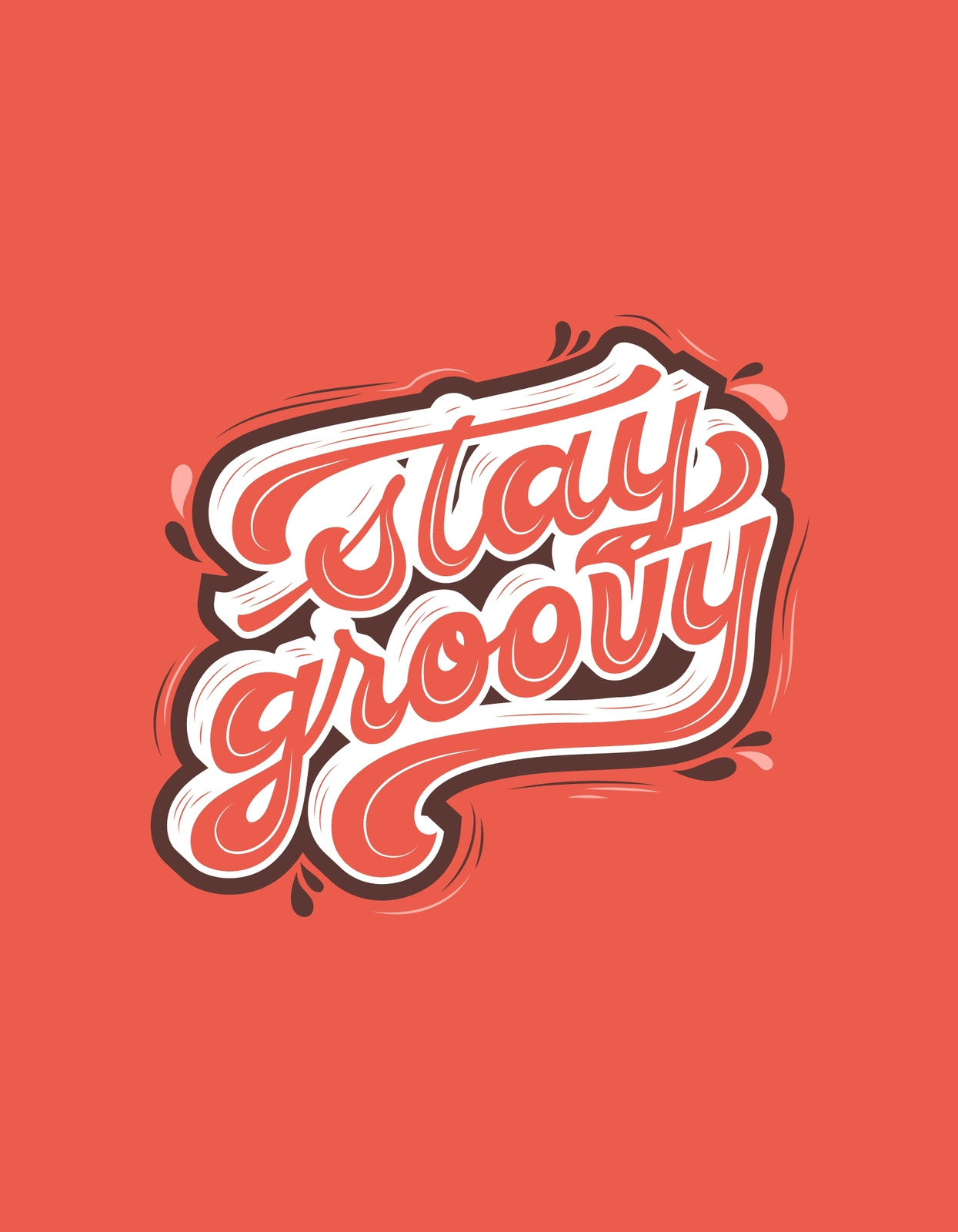 Egy vidám, retro hangulatú dizájn, melyen a "Stay Groovy" felirat látható dinamikus, hullámos betűstílusban, fehér és árnyékos részletekkel kiemelve ay narancssárga háttér előtt. 