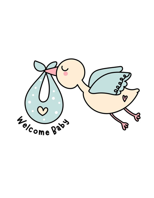 Egy kedves gólya ábrázolása, amely épp egy pöttyös zsákot cipel, melyen egy szív alakú matrica és a "Welcome Baby" felirat látható. A design mosolygásra késztet és tökéletes ajándék babaváró alkalmakra. 