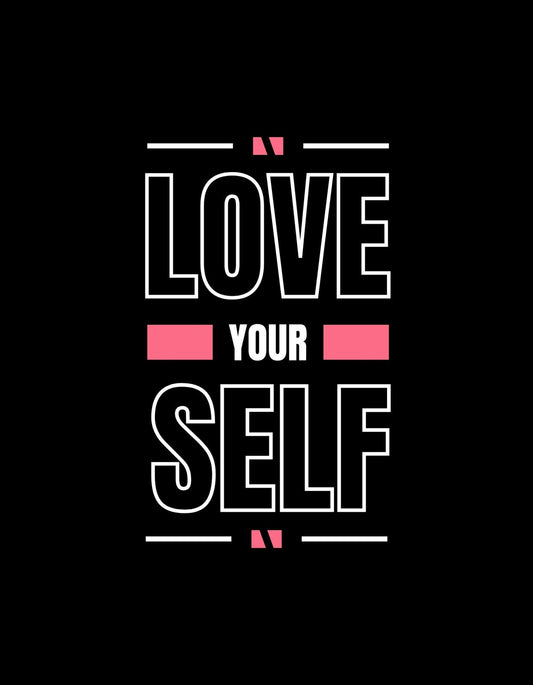 A képen egy inspiráló üzenet látható, "LOVE YOUR SELF" felirattal, modern tipográfiával és markáns színkombinációval. A dizájn kiemeli az önszeretet fontosságát, szembeötlő fehér és rózsaszín betűkkel egy sötét háttérrel. 