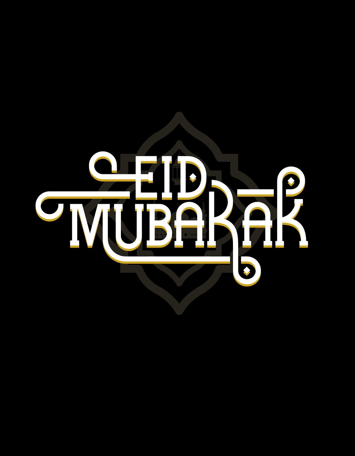 Elegáns és ünnepélyes dizájn, amely az "Eid Mubarak" feliratot ábrázolja arany és fehér díszítéssel egy sötét hátteren, ami kiemeli az alkalmi és méltóságteljes hangulatot. 