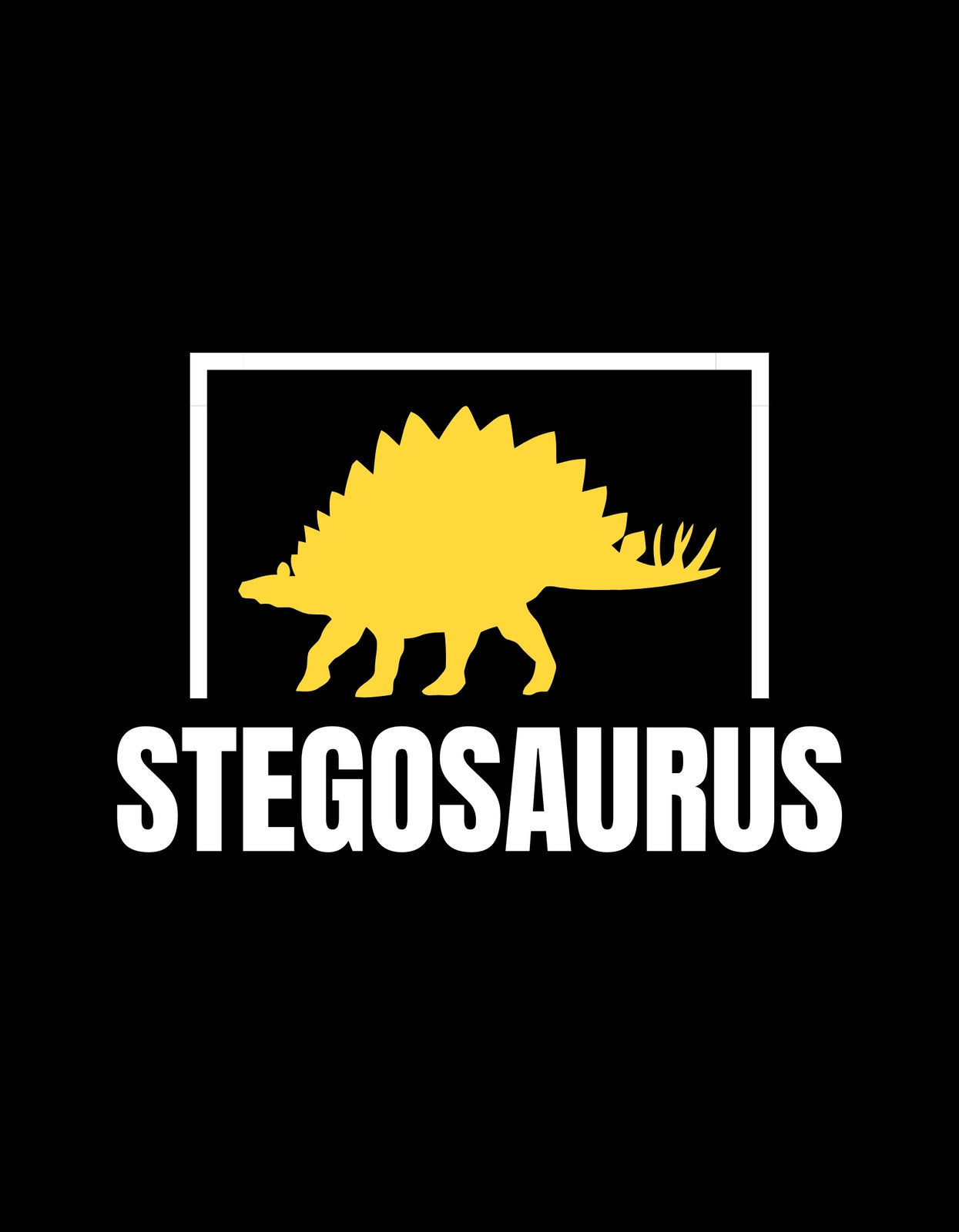Egy sárga stegosaurus sziluettje díszíti ezt a látványos dizájnt, fekete háttérrel és a "STEGOSAURUS" felirattal alul. 