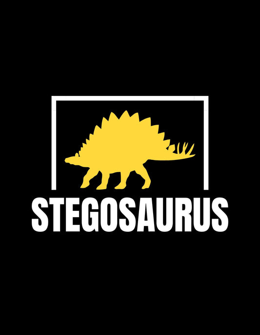 Egy sárga stegosaurus sziluettje díszíti ezt a látványos dizájnt, fekete háttérrel és a "STEGOSAURUS" felirattal alul. 