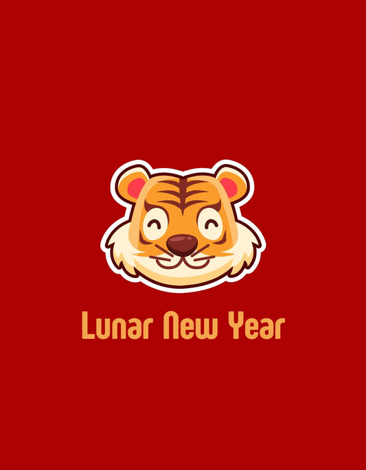 Egy mosolygó tigrisarcú dizájnnal díszített vidám minta, amelyet a "Lunar New Year" felirat egészít ki. A piros háttér erősíti a szerencsét és bőséget sugárzó hangulatot. 