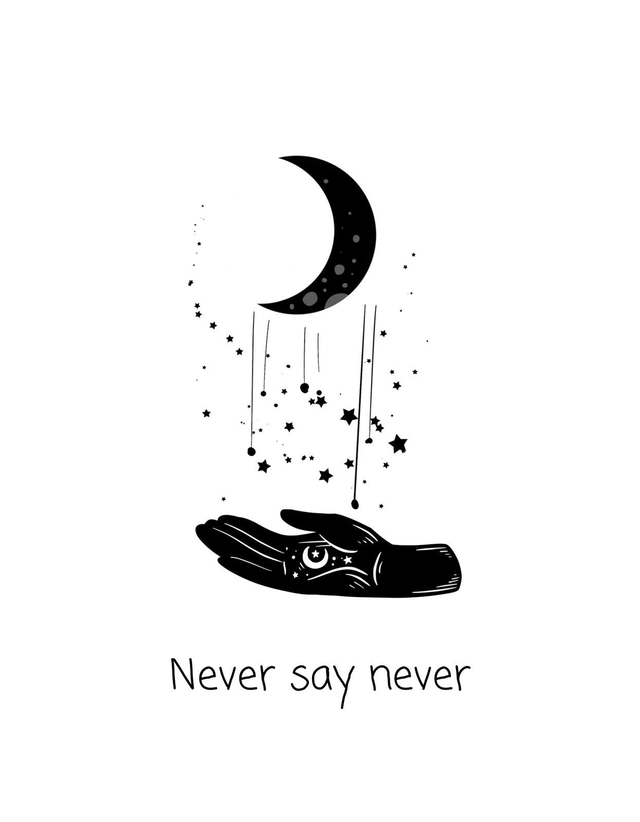Egy látomást idéző kép, melyen egy csillagos éjszakát ábrázoló félhold lóg egy tenyérből, mintha a csillagokat magából hullatná. Alatta a "Never say never" szöveg olvasható. 