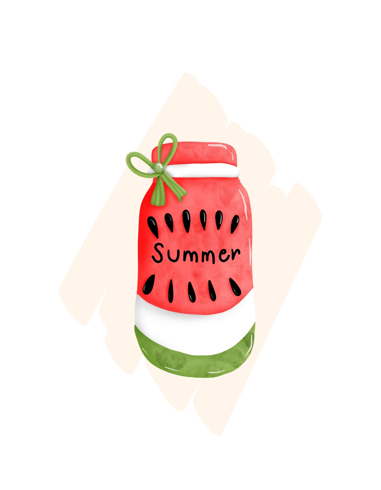 A képen egy dinnye formájú, üveg mécsestartó látható, melyet egy zöld szalag díszít és a "Summer" felirat teszi különlegessé. 