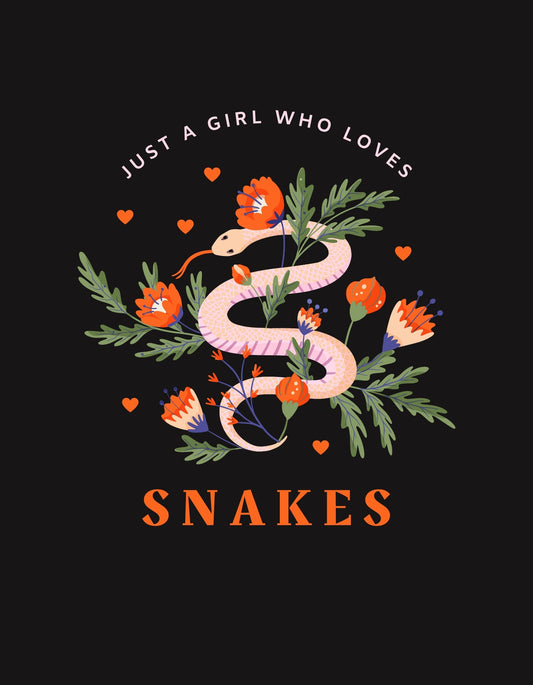 Egy bájos kígyót ábrázoló minta, melyet virágok és szívecskék vesznek körül, valamint a "Just a girl who loves SNAKES" felirat látható. 