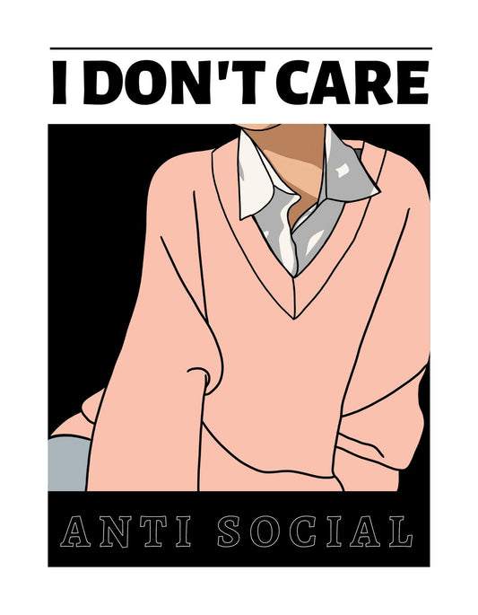 Egy bátor és egyedi kivágású alkotás, amely egy személy felülrészének stilizált rajzát ábrázolja, "I DON'T CARE" és "ANTI SOCIAL" feliratokkal. 
