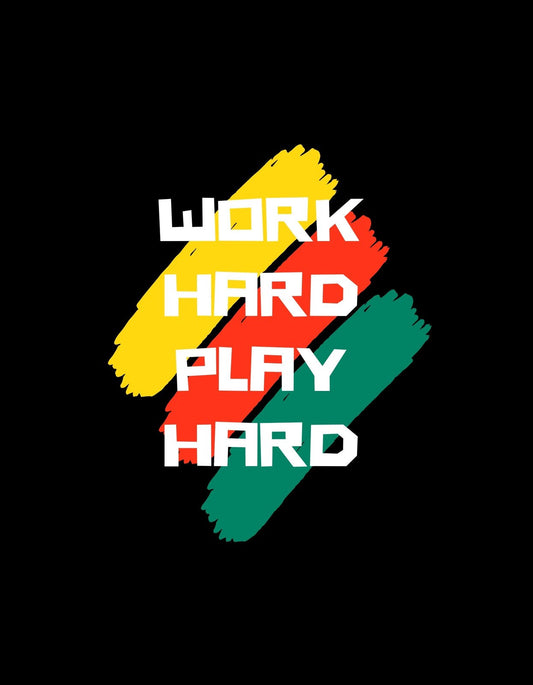 Dinamikus színes háttér előtt a "WORK HARD PLAY HARD" felirat nyújt inspirációt és energiát sugárzó vizuális élményt. 