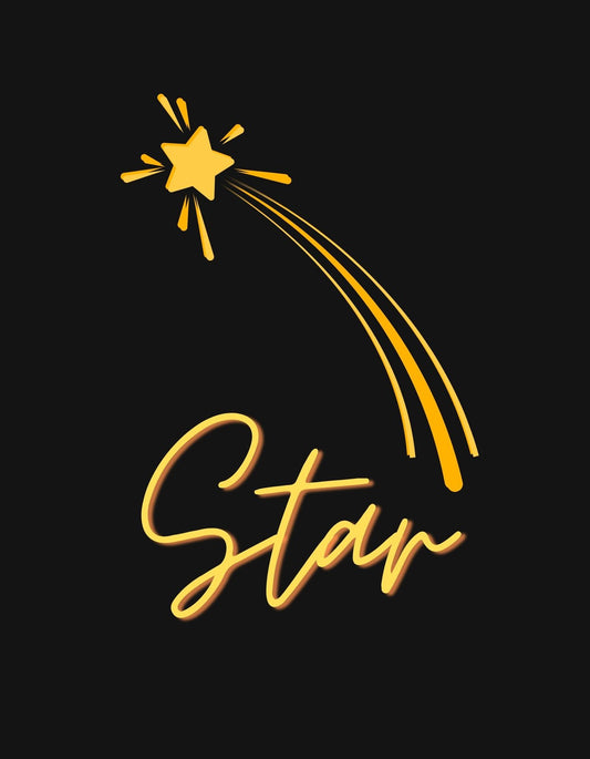 Egy csillagot ábrázoló arany színű dizájn, amely egy ívelt csík mentén húzódik, alatta "Star" felirattal, sugárzó dinamizmussal és eleganciával. 