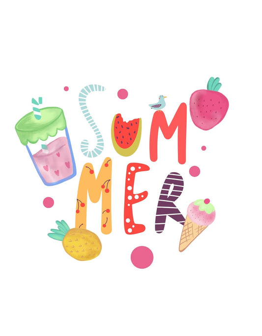 A képen a nyár hangulatát megidéző elemek láthatóak, mint egy vidám, színes fagylalt, egy hűsítő ital, eper és ananász, amelyek együtt alkotják a "SUMMER" feliratot. 