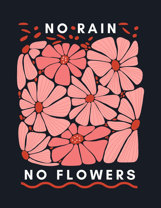 Élénk rózsaszín virágok egy sötét háttér előtt, a "NO RAIN NO FLOWERS" szöveggel inspiráló üzenetet közvetítve. A design egy letisztult, modern érzést visz át, pozitív gondolatokat és az újrakezdés erejét sugallva. 