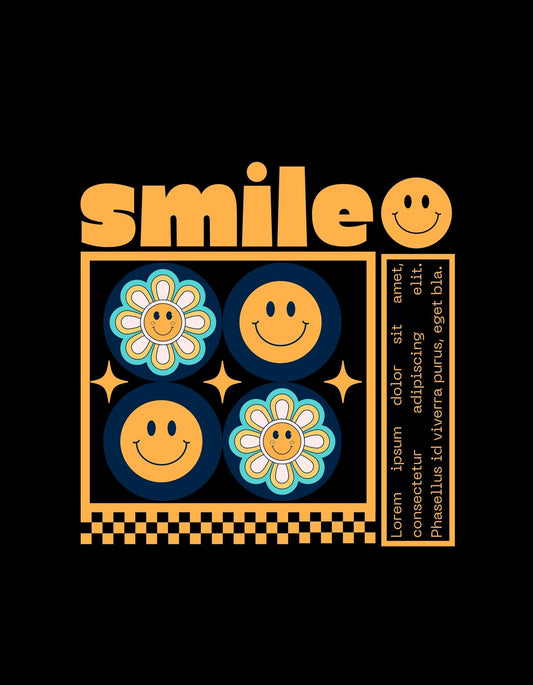 Egy vidám, színes dizájn, ami mosolygó arcokat és virágokat jelenít meg egy sötét hátterű keretben, a "smile" szóval a tetején. 