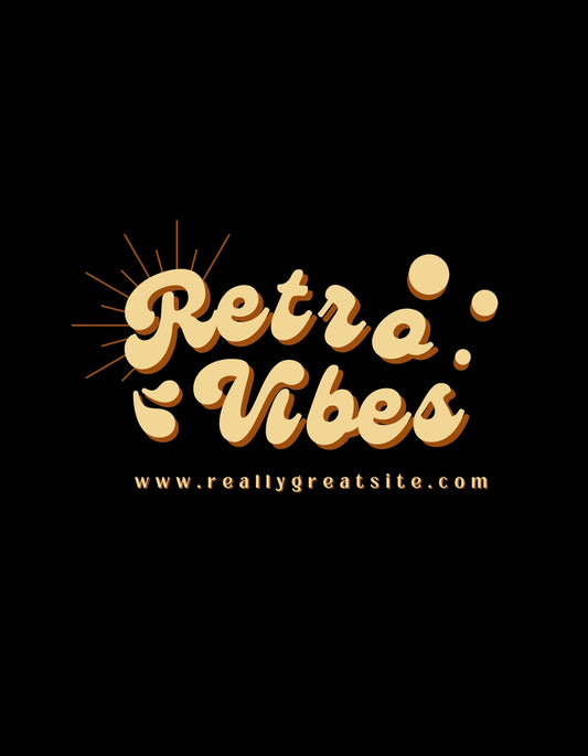 Aranyló retro hangulatú dizájn, amely a "Retro Vibes" szöveggel és díszítő grafikai elemekkel hozza vissza a múlt század varázsát. A letisztult betűtípus és a meleg színhasználat egyszerű, mégis stílusos megjelenést kölcsönöz. 